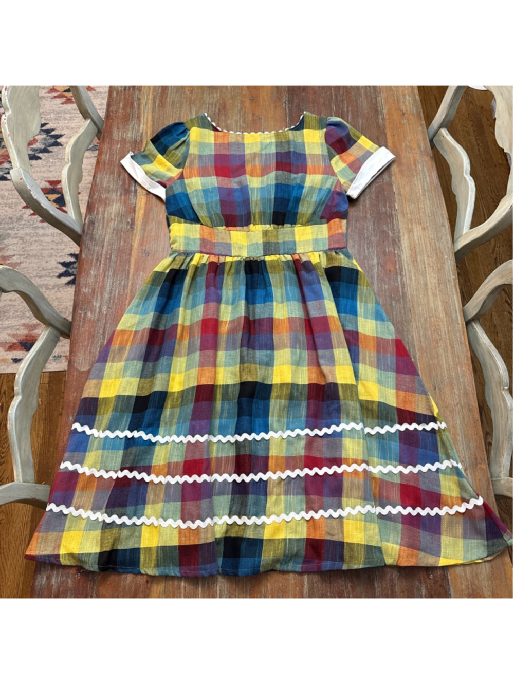 Unique Vintage Rainbow Plaid Ric Rac Swing Dress XL 14 Retro Mid-Century Style